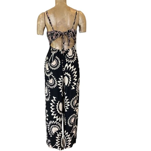 Angie BOHO Floral Wide Leg Jumpsuit Cutout Back Tie Sz M Black Multicolor 143S - Picture 4 of 6